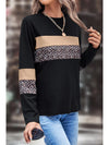 Khaki Leopard Colorblock Patchwork Crew Neck Top