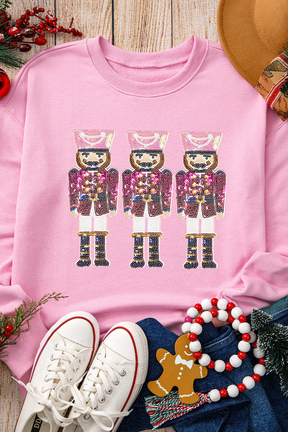 Pink Sequin Christmas Nutcracker Graphic Pullover Sweatshirt