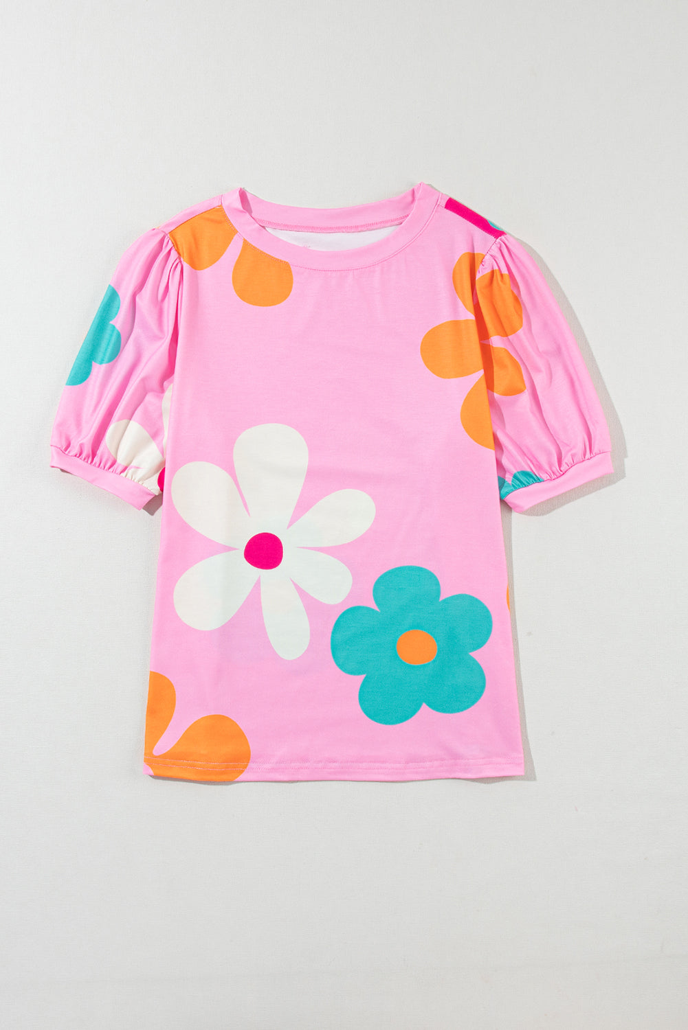 Sky Blue Colorful Flower Print Bubble Sleeve Tee