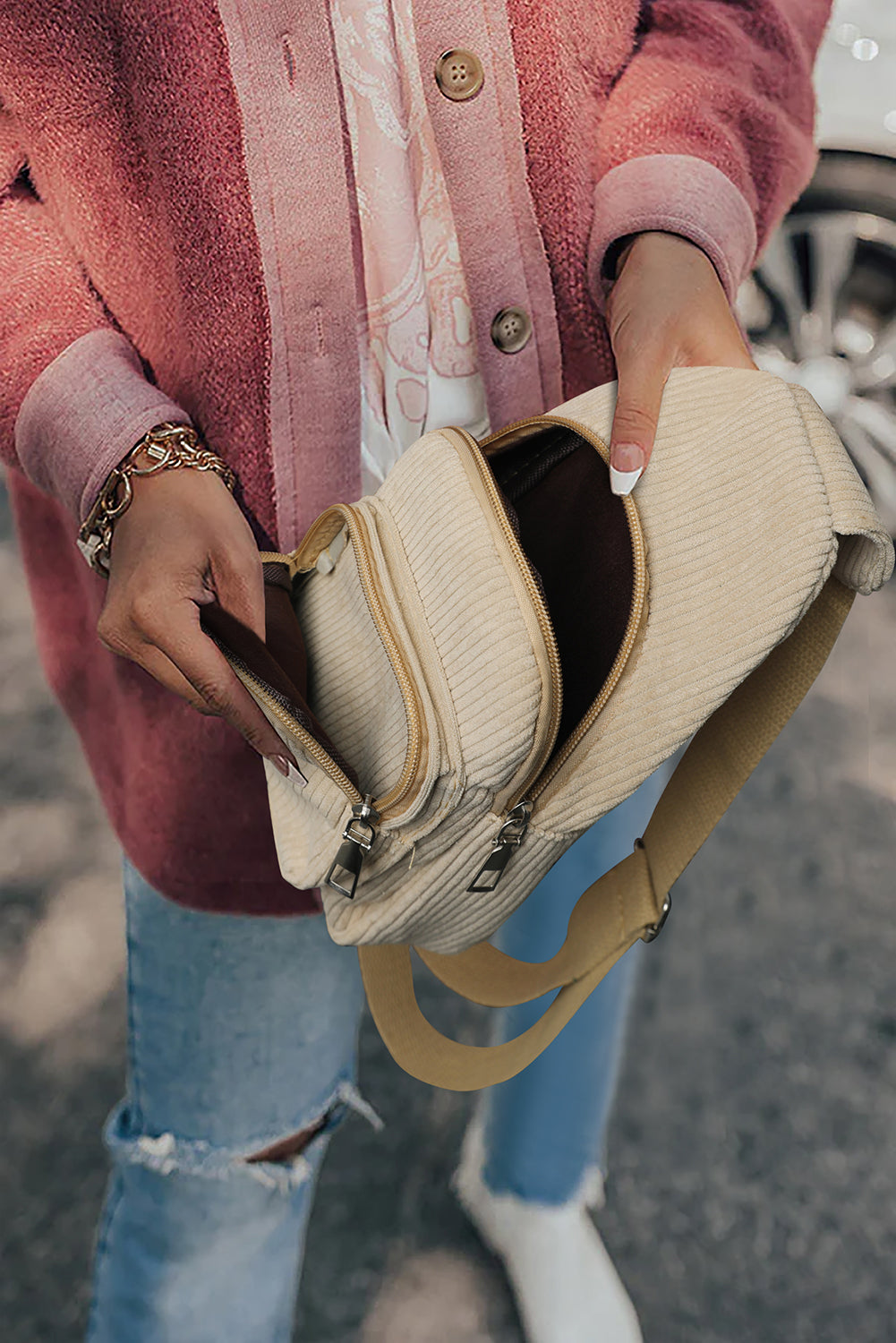 Black Casual Corduroy Zipper Crossbody Bag