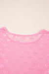 Pink Plus Size Bow Embroidered Mesh Long Sleeve Top