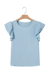 Mist Blue Solid Color Ruffle Sleeve Crinkled Blouse