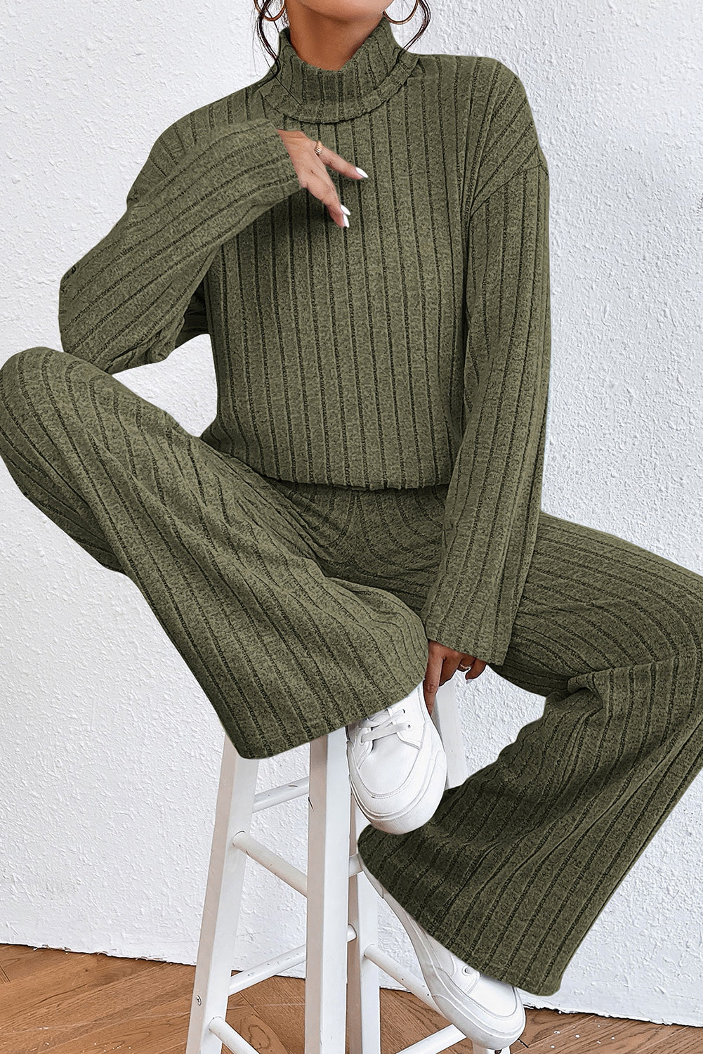 Jungle Green Ribbed Mock Neck Loose Top and Pants Loungewear Set