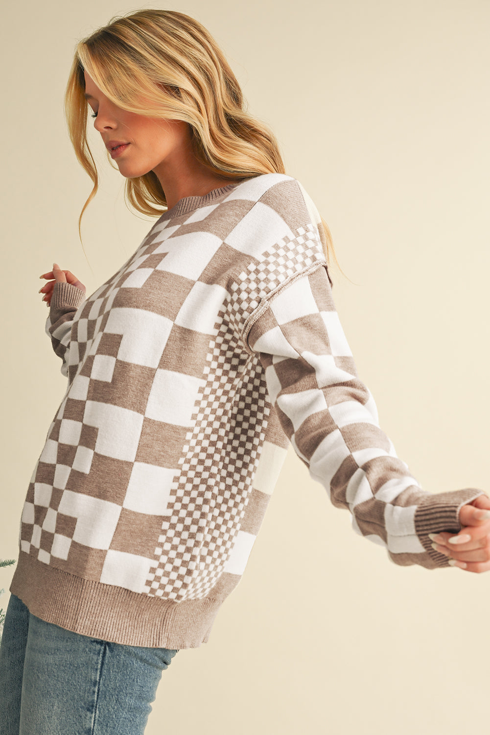 Carrot Checkered Drop Shoulder Round Neck Sweater