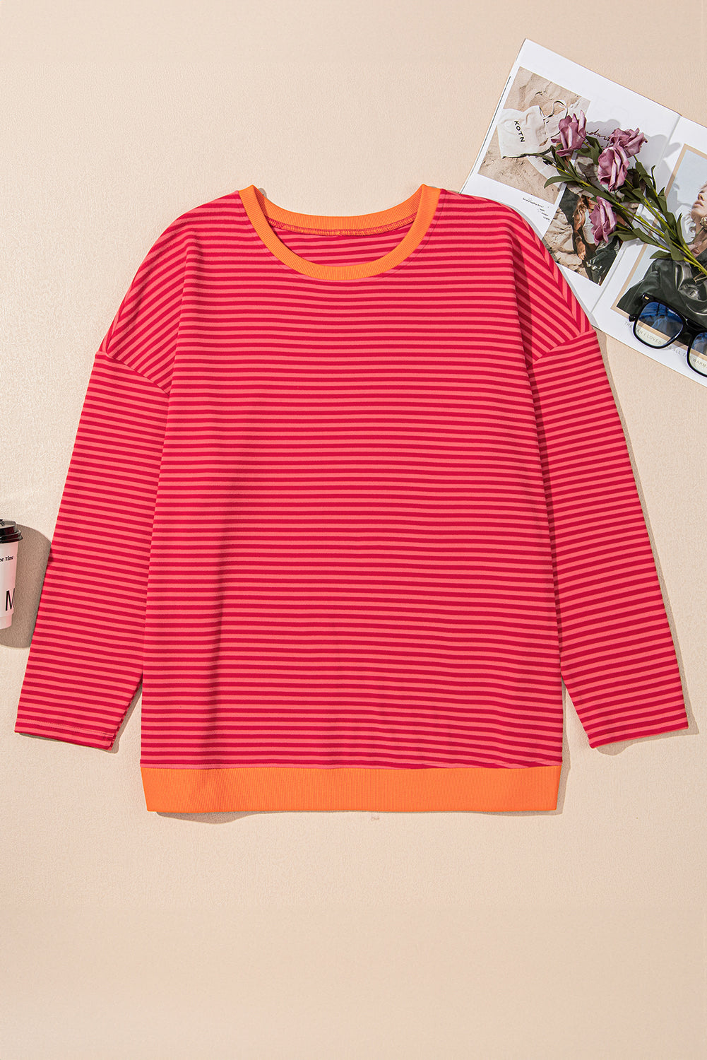 Orange Stripe Plus Size Drop Shoulder Long Sleeve Top