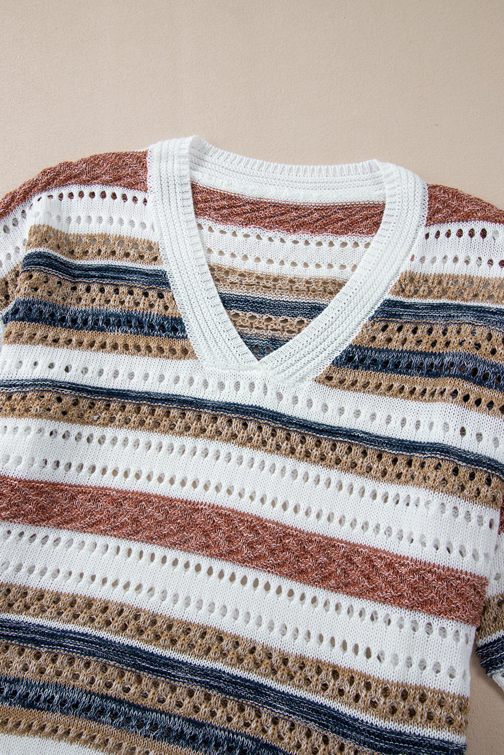 Multicolour Striped V Neck Hollow Knitted Half Sleeve Sweater