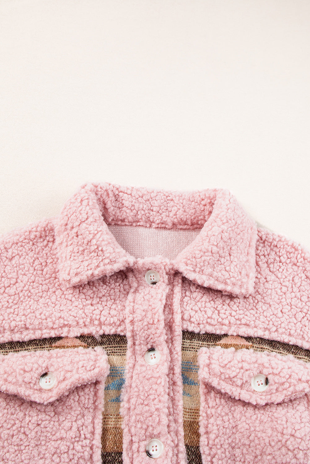 Pink Aztec Print Sherpa Splicing Buttoned Flap Pocket Coat