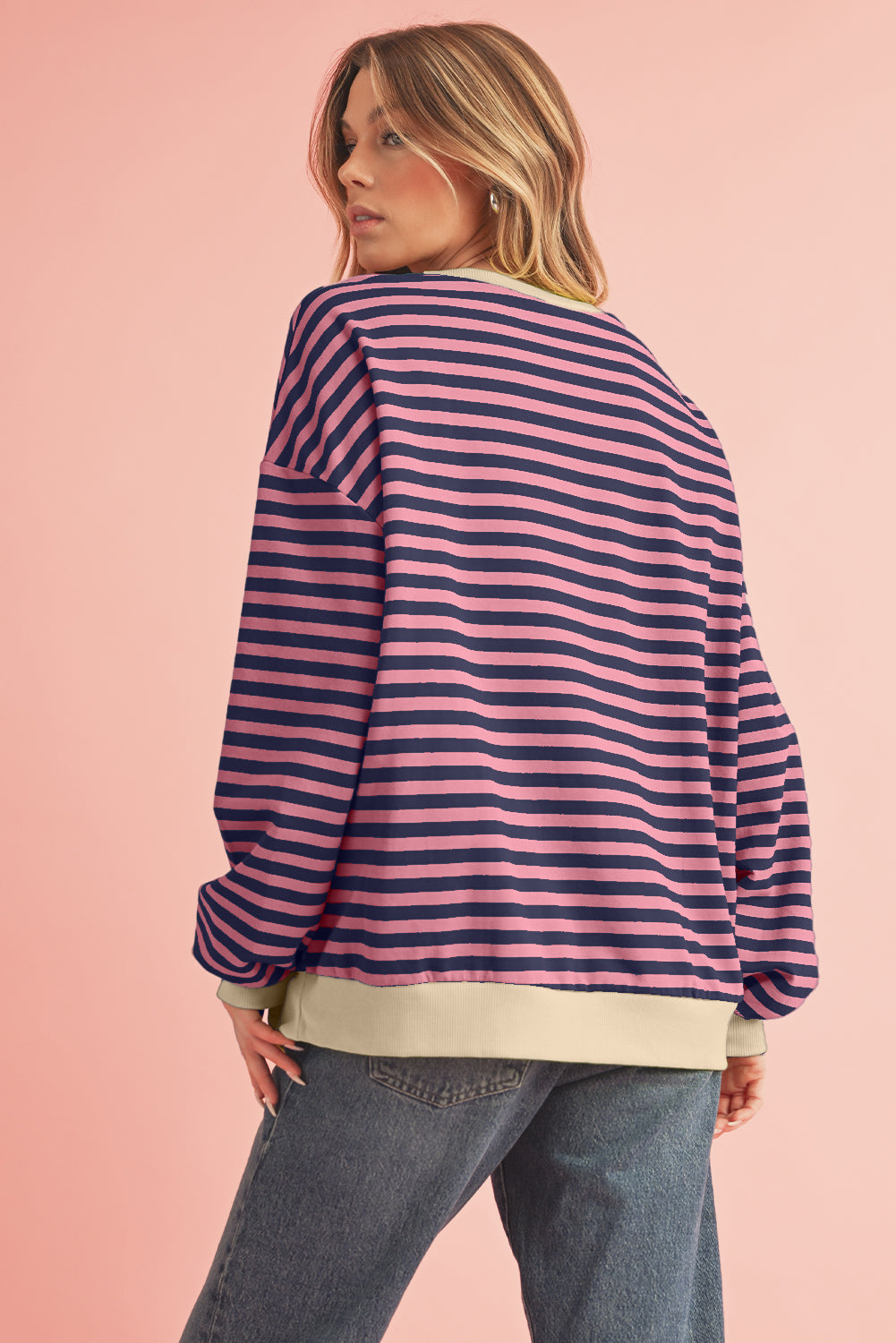 Blue Stripe Contrast Edge Cross Seam Oversized Pullover