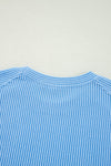 Blue Solid Corded Short Sleeve T Shirt and Wide Leg Pants Set
