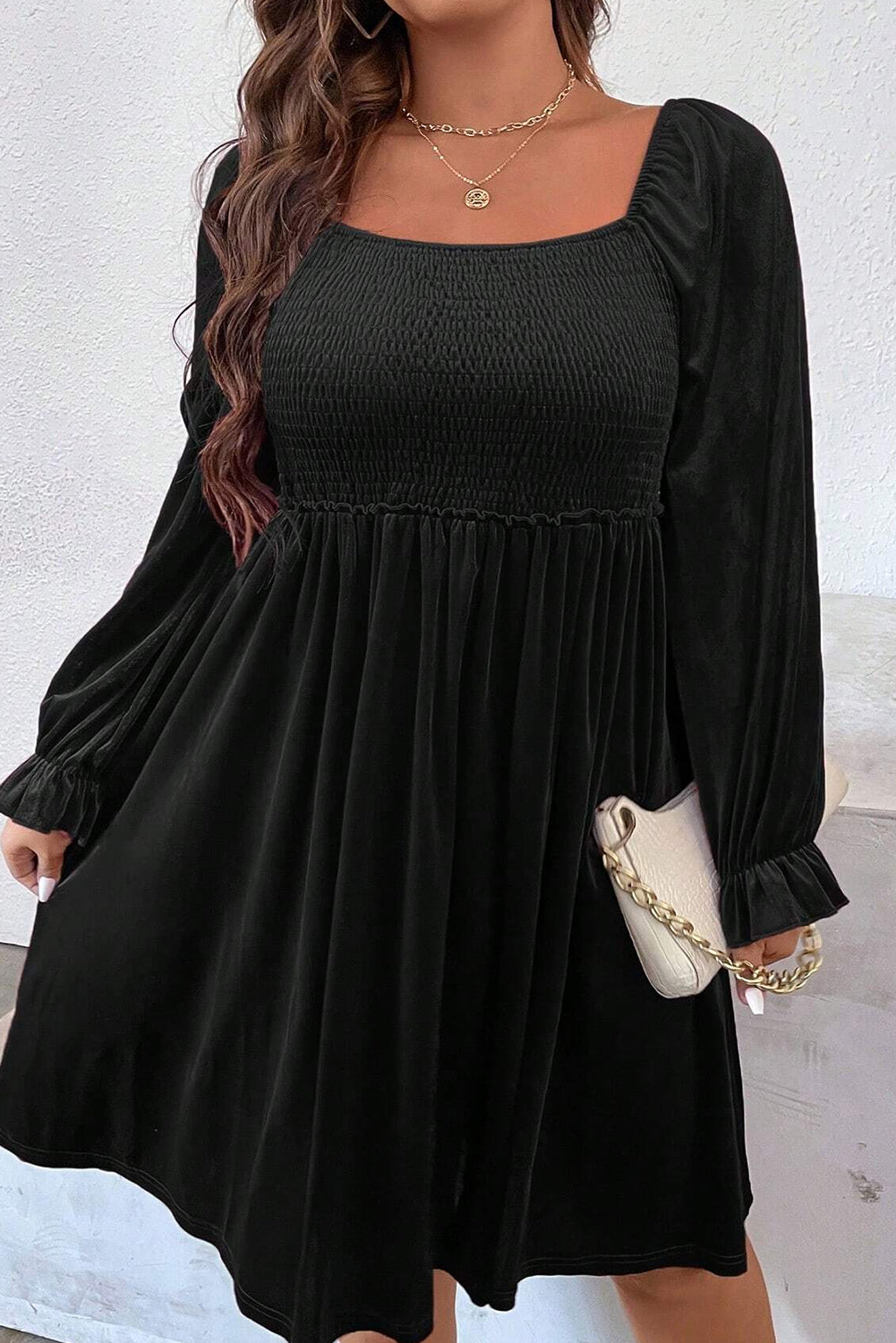 Black Velvet Flounce Sleeve Shirred Bodice Plus Size Babydoll Dress