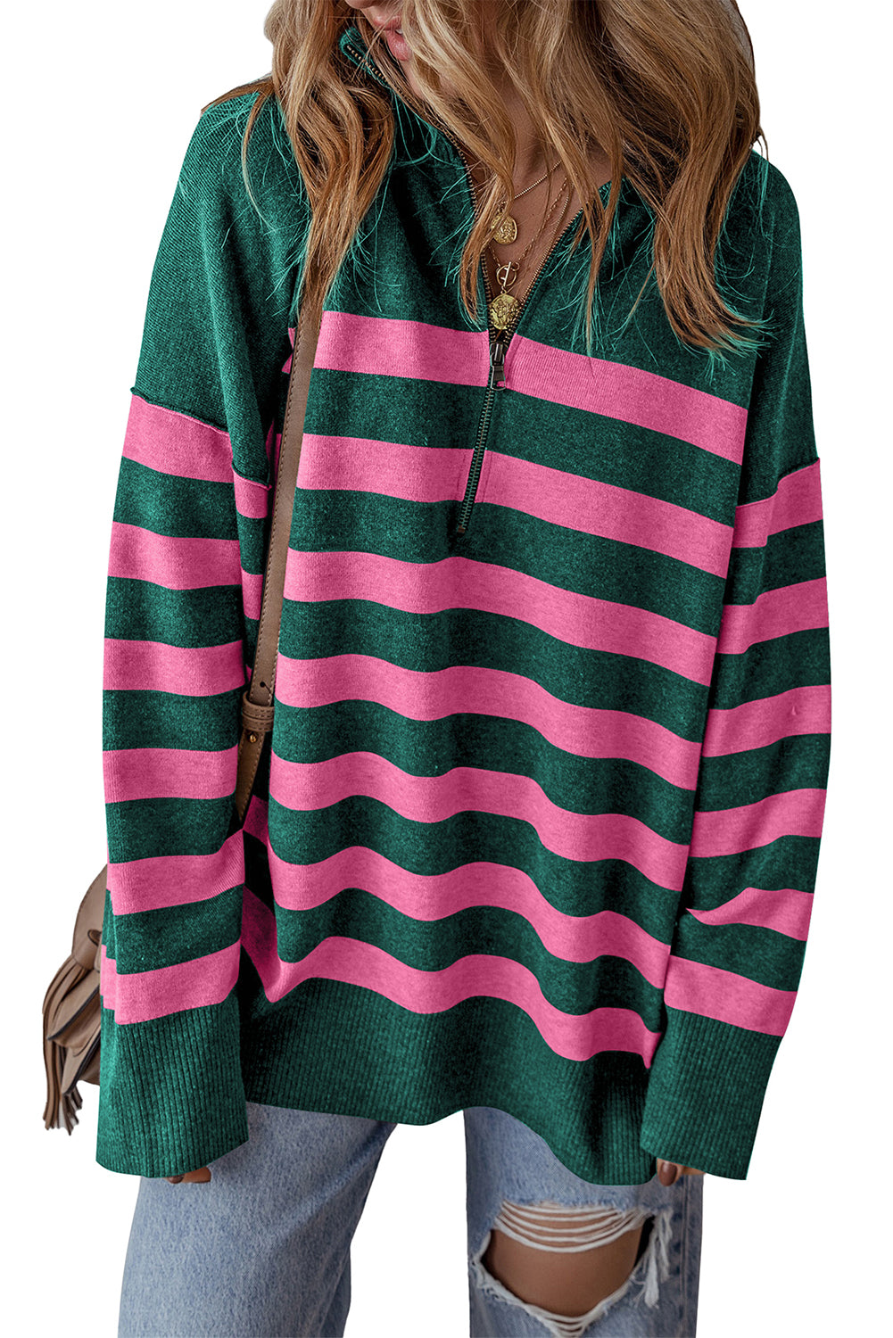 Green Striped Collared Quarter Zip Oversized Sweater