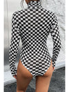 Black Checkered Print Long Sleeve Mock Neck Bodysuit