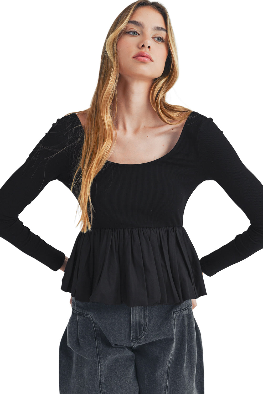 Black Pleated Hem Long Sleeve Ribbed Knit Top