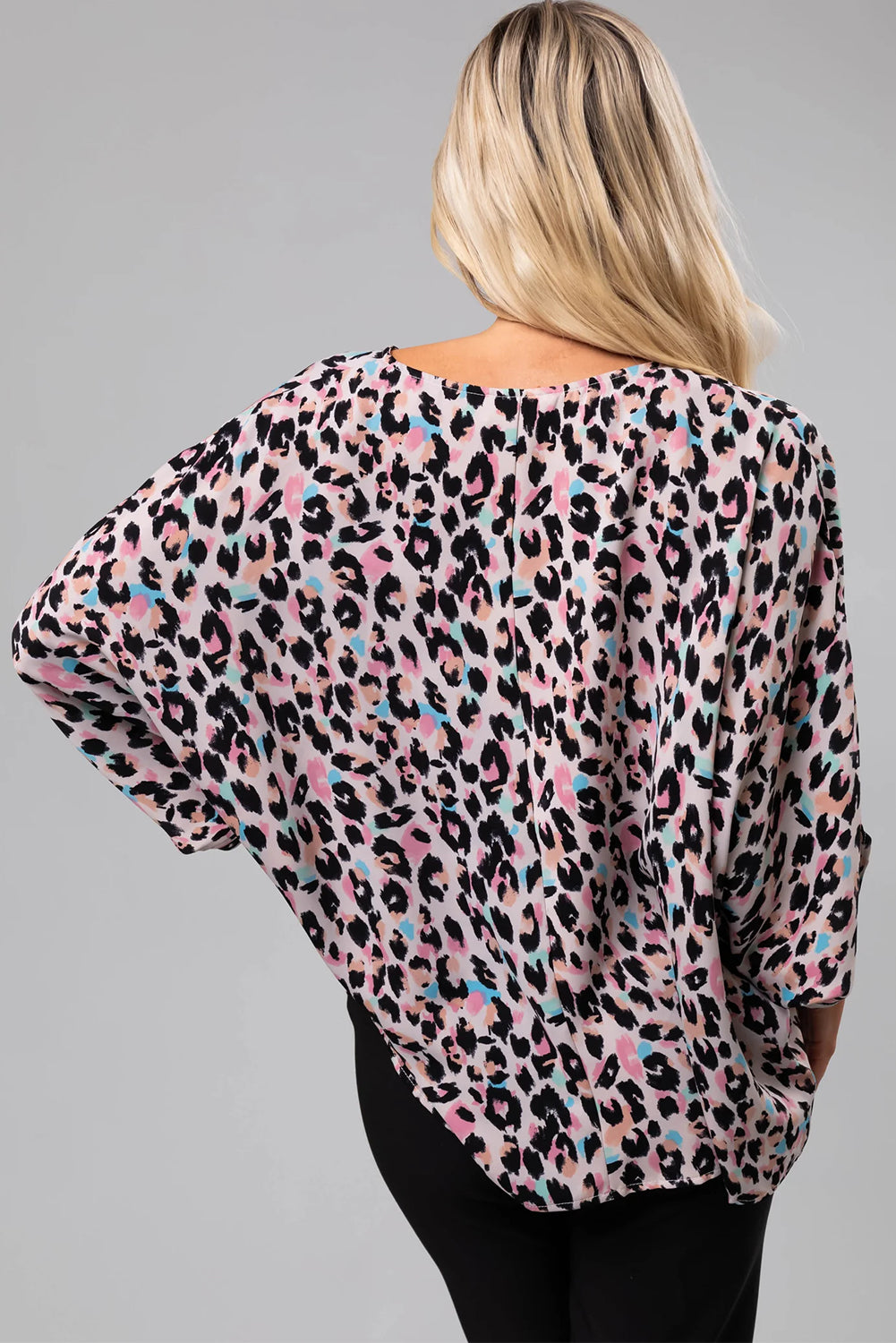 Pink Mixed Leopard Print V Neck Oversized Blouse