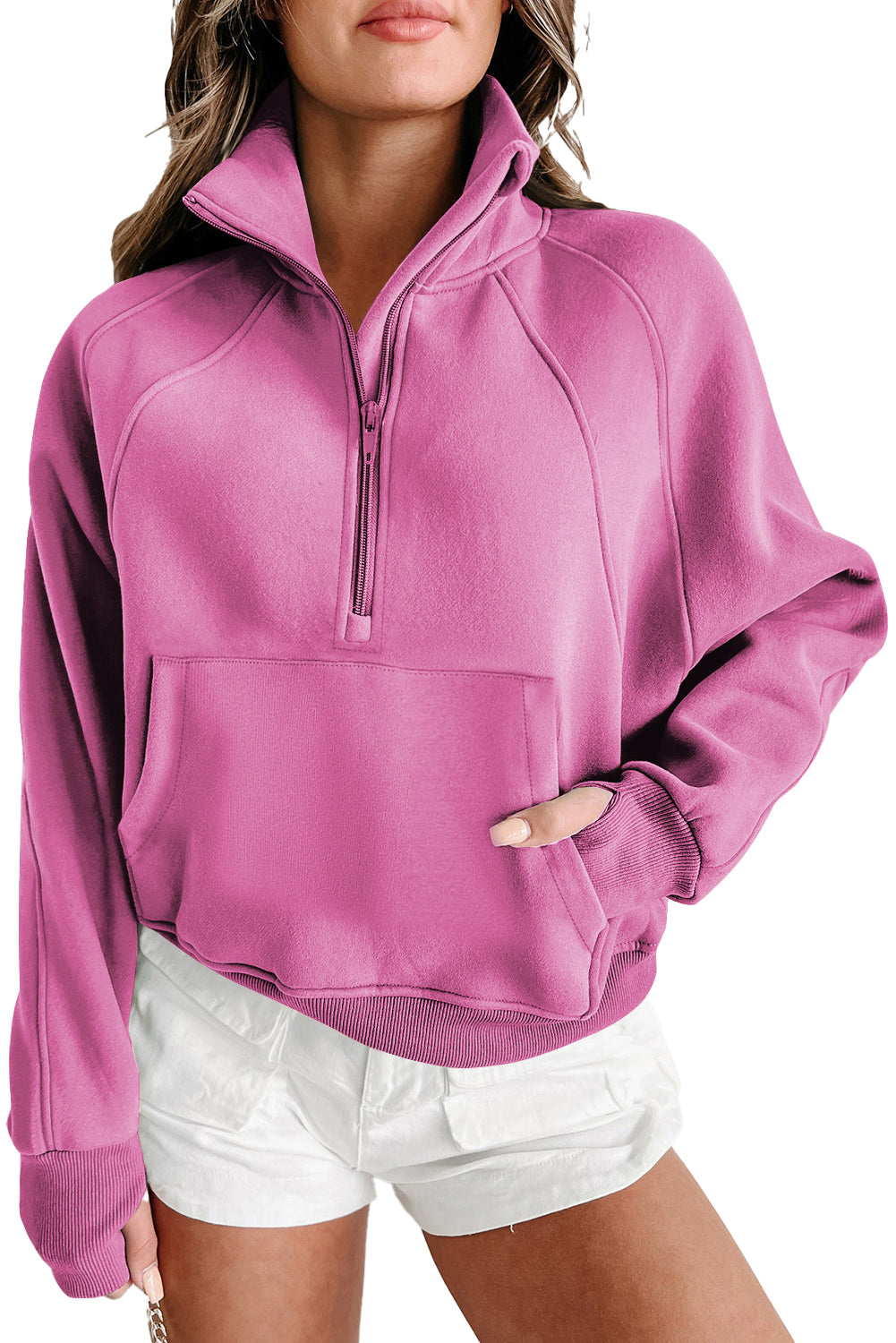 Flamingo Zip Up Stand Collar Ribbed Thumbhole Sleeve Sweatshirt