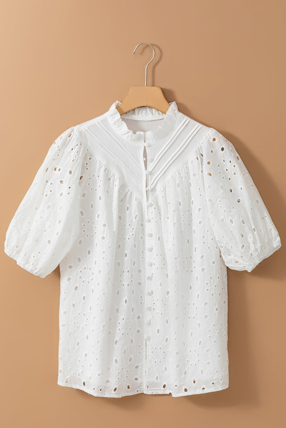 Bonbon Hollow-out Flower Embroidered Short Puff Sleeve Blouse