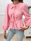 Devine Tied Round Neck Long Sleeve Blouse - Cocoa Yacht Club