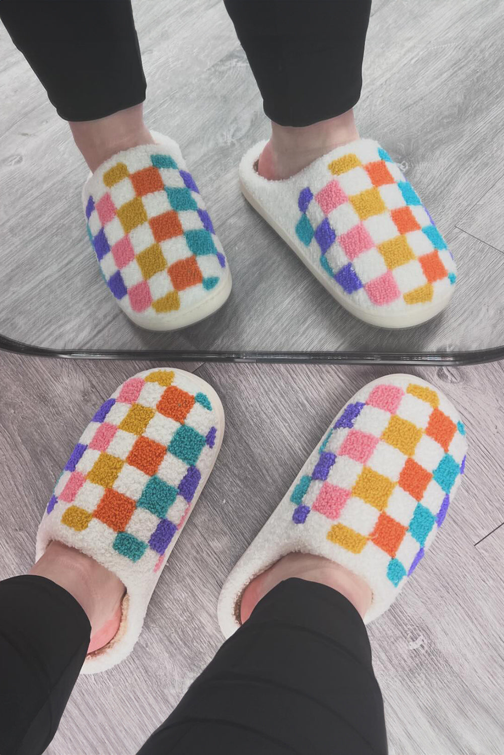 White Vibrant Checkered Plush Thermal Slippers