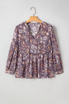 Blue Boho Floral Print 3/4 Sleeve Babydoll Blouse