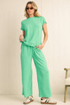 Blue Solid Corded Short Sleeve T Shirt and Wide Leg Pants Set