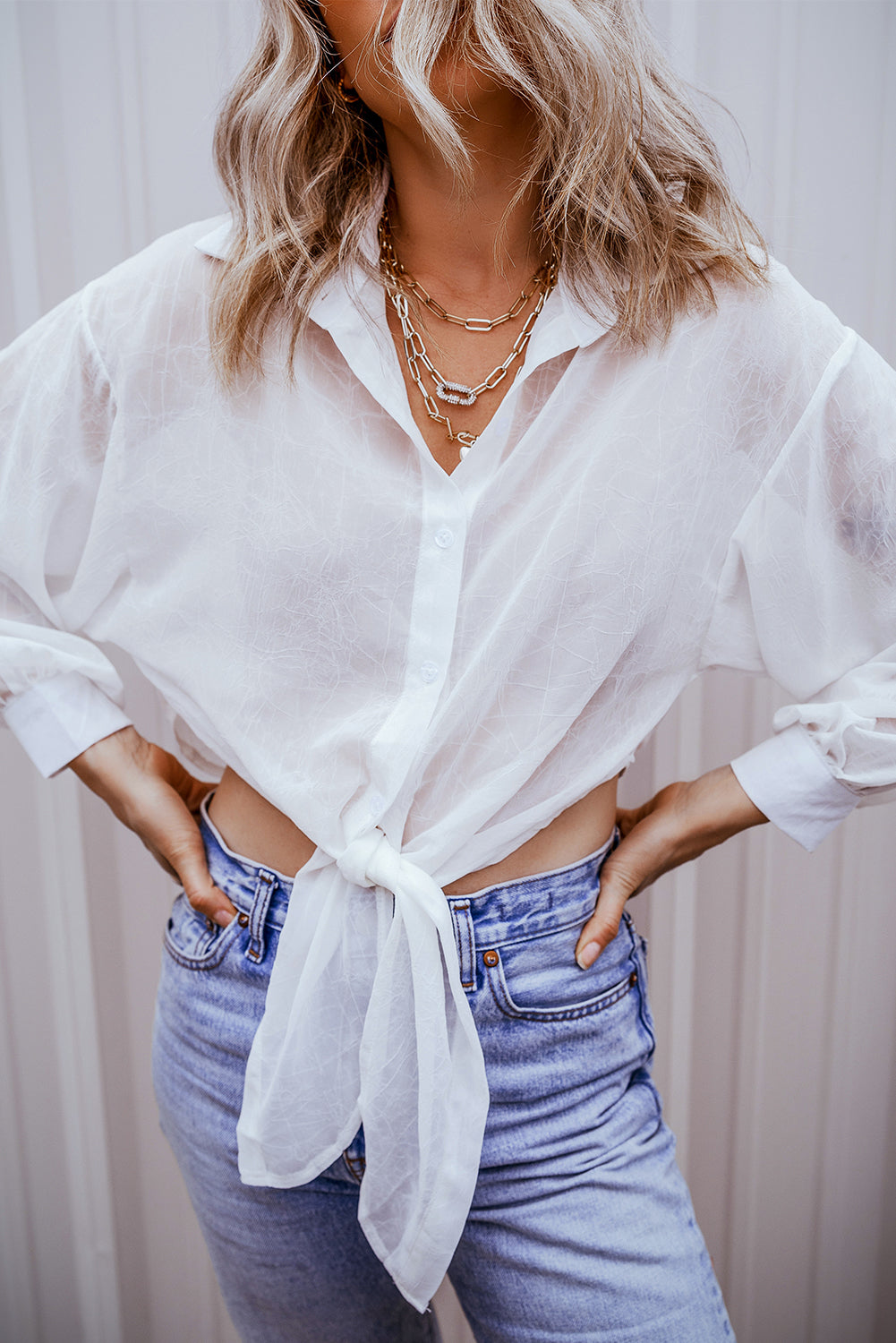 White Plain Knotted Front Loose Fit Sheer Shirt