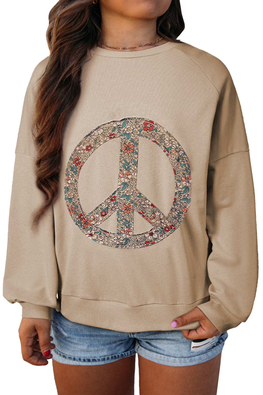 Pale Khaki Floral Peace Graphic Washed Plus Size Sweatshirt