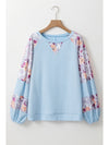 Beau Blue Crinkle Rib Floral Patchwork Balloon Sleeve Top