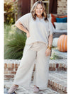 Beige Plus Size Textured Collared Top and Drawstring Pants Set