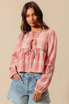 SO ME Front Tie Checkered Plaid Blouse