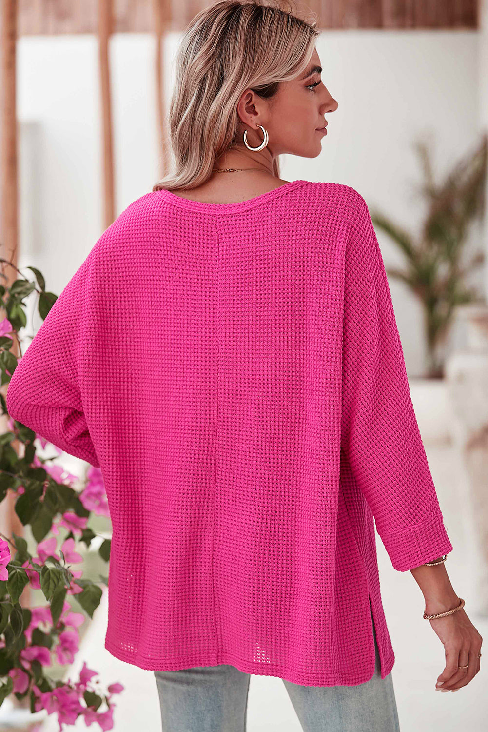 Rose Red Textured Center Seam Long Sleeve Split Top