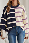 Light Beige Striped Colorblock Drop Shoulder Sweater