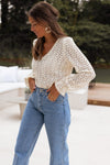Beige Flower Lace V Neck Puff Sleeve Top