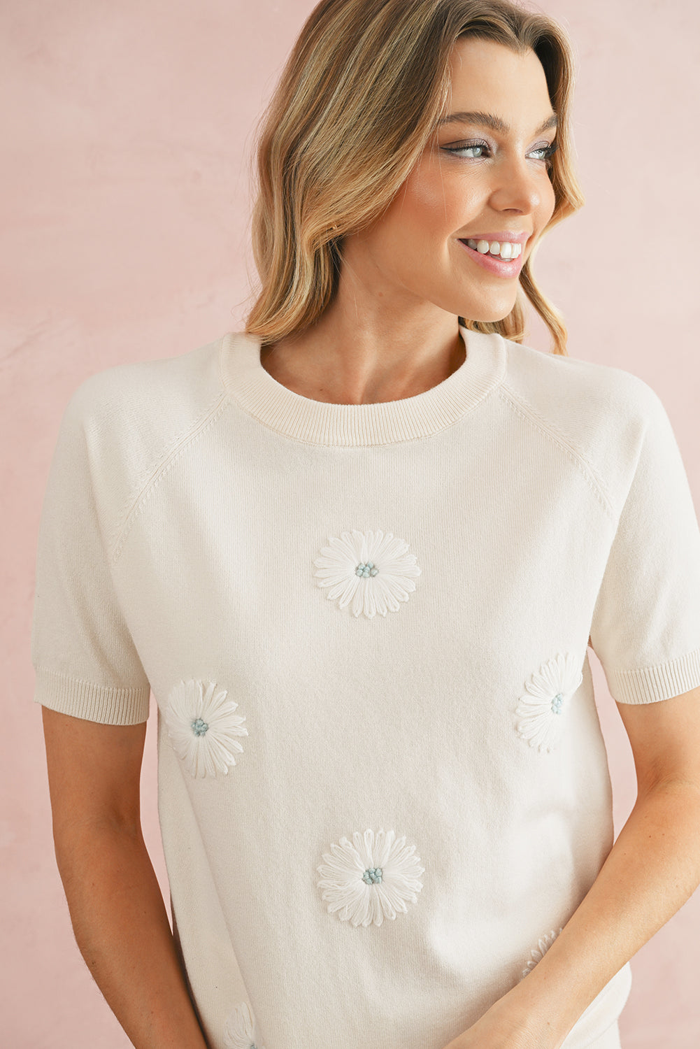 Pink Flower Pattern Puff Short Sleeve Sweater