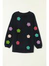 Black Flower Chenille Glitter Embroidered Ribbed Sweatshirt