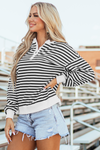 White Stripe Buttoned Crew Neck Oversized Sweatshirt