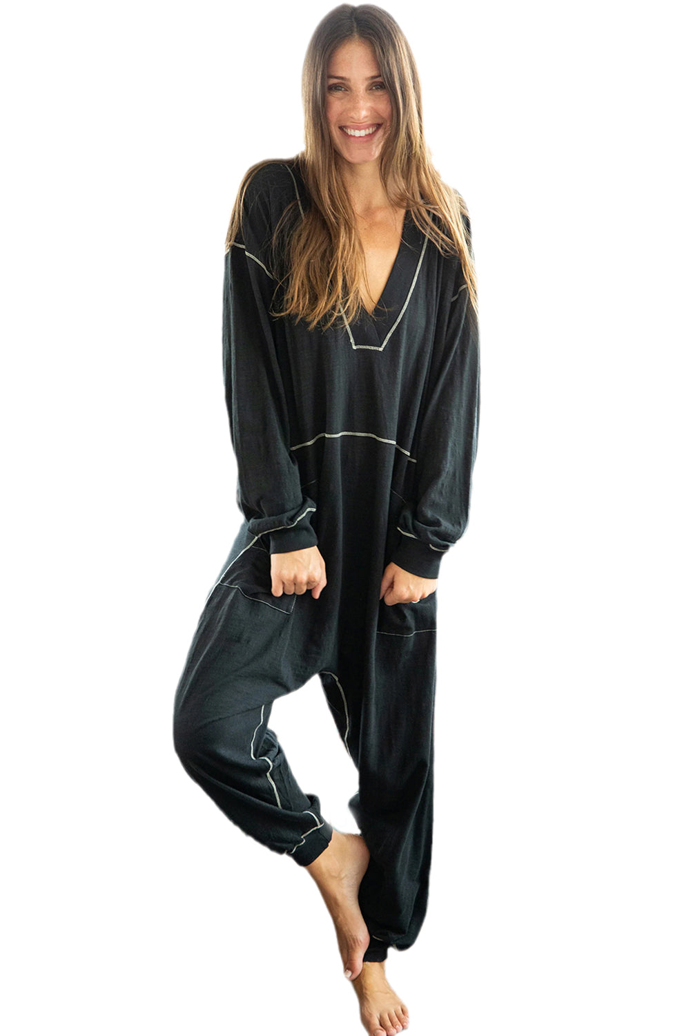 Black Exposed Seam Oversized Drop Waist Jumpsuit