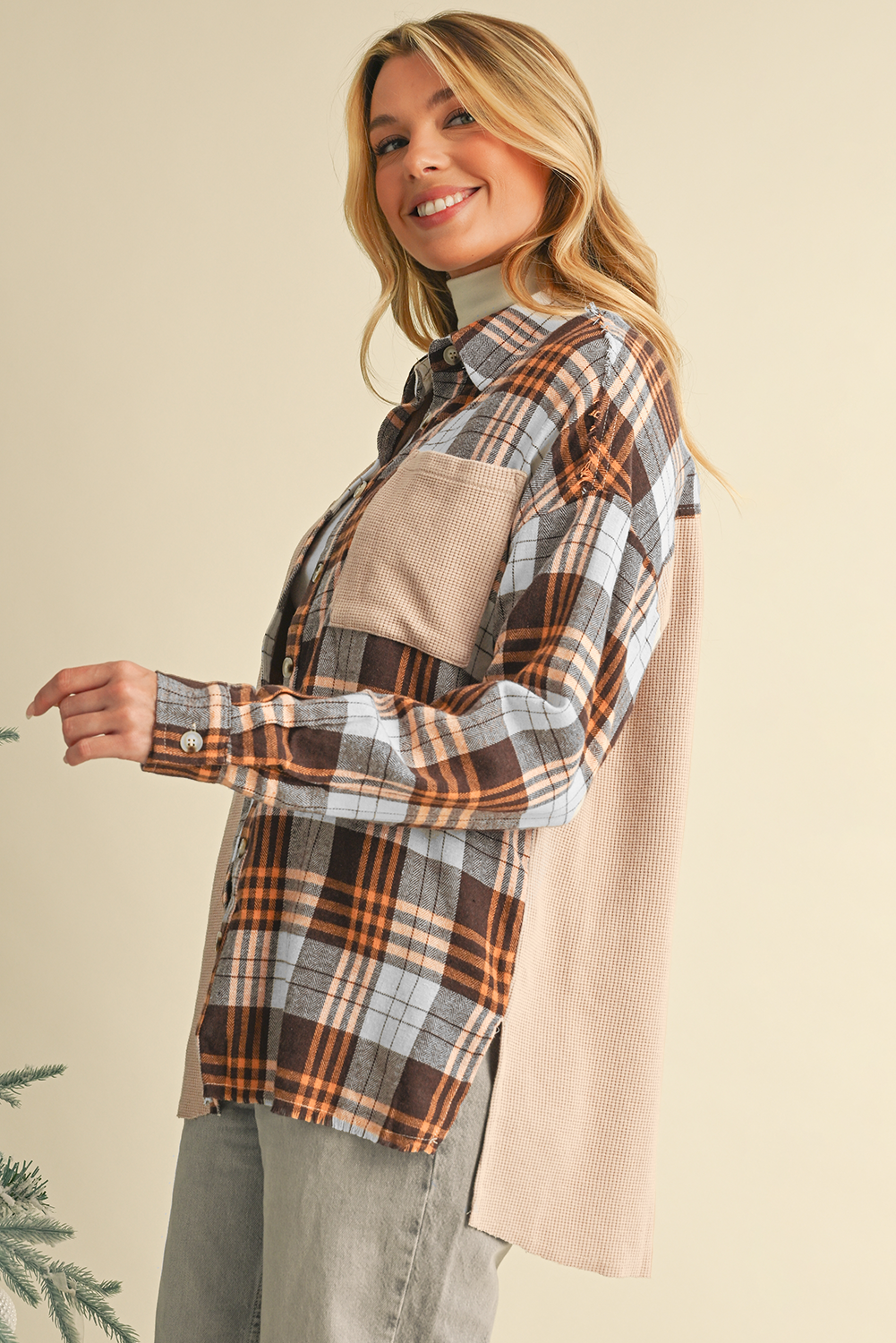 Khaki Plaid Knit Patchwork Chest Pocket Shacket