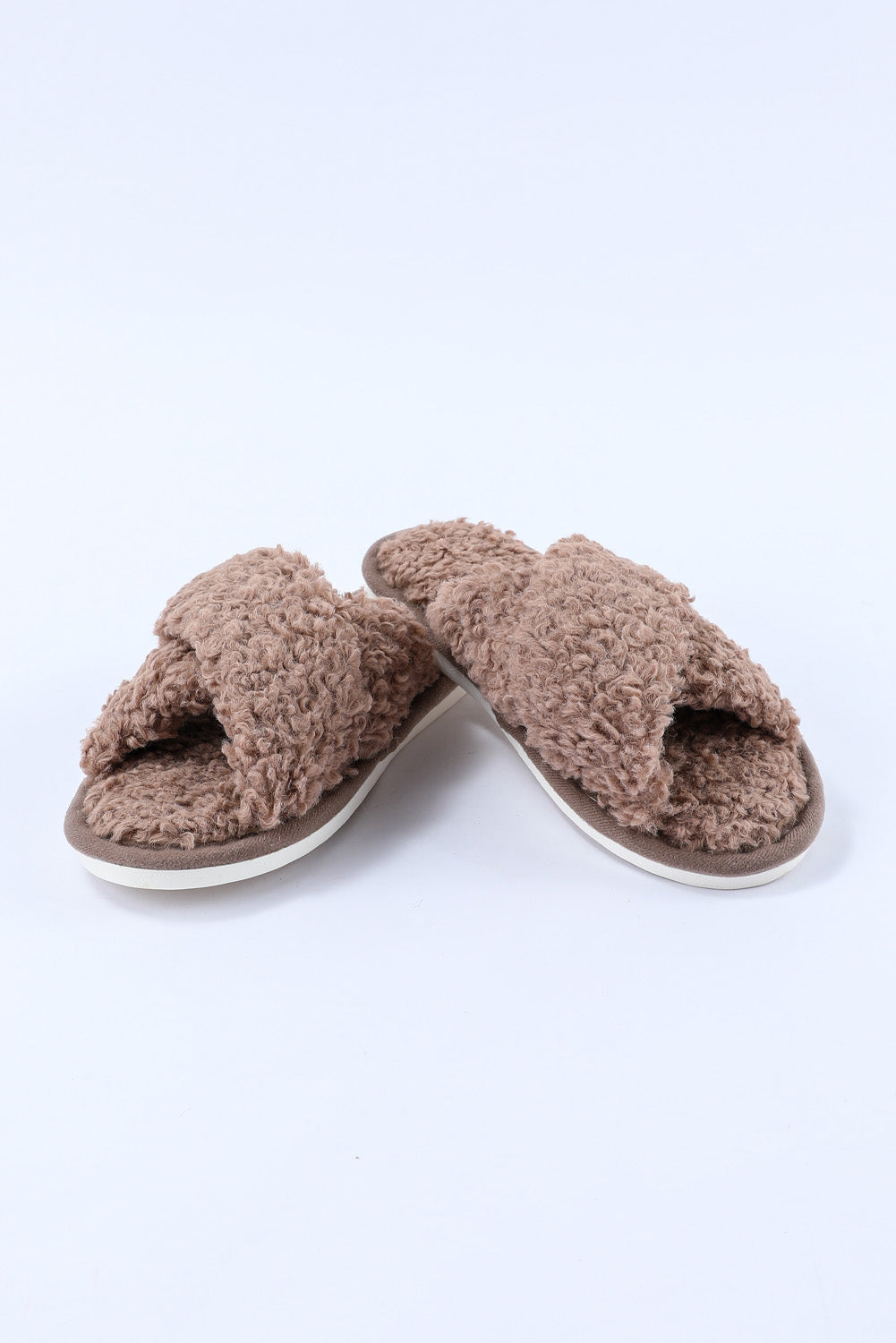 Brown Teddy Fur Cross Straps Home Slides Shoes