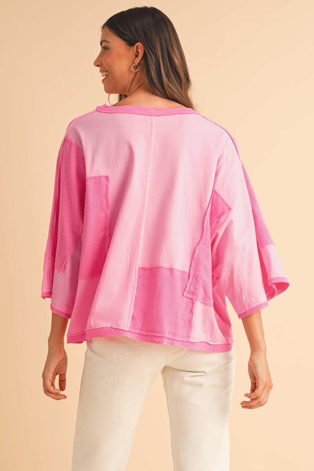 Pink Textured Patchwork 3/4 Sleeve Oversized Top