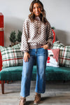 Dark Brown Plaid Contrast Trim Button Neck Sweater