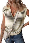 Beige Stripe Turn-down Collar Sleeveless Knitted Top