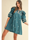 Skobeloff Boho Floral Puff Sleeve Tie Neck Mini Dress