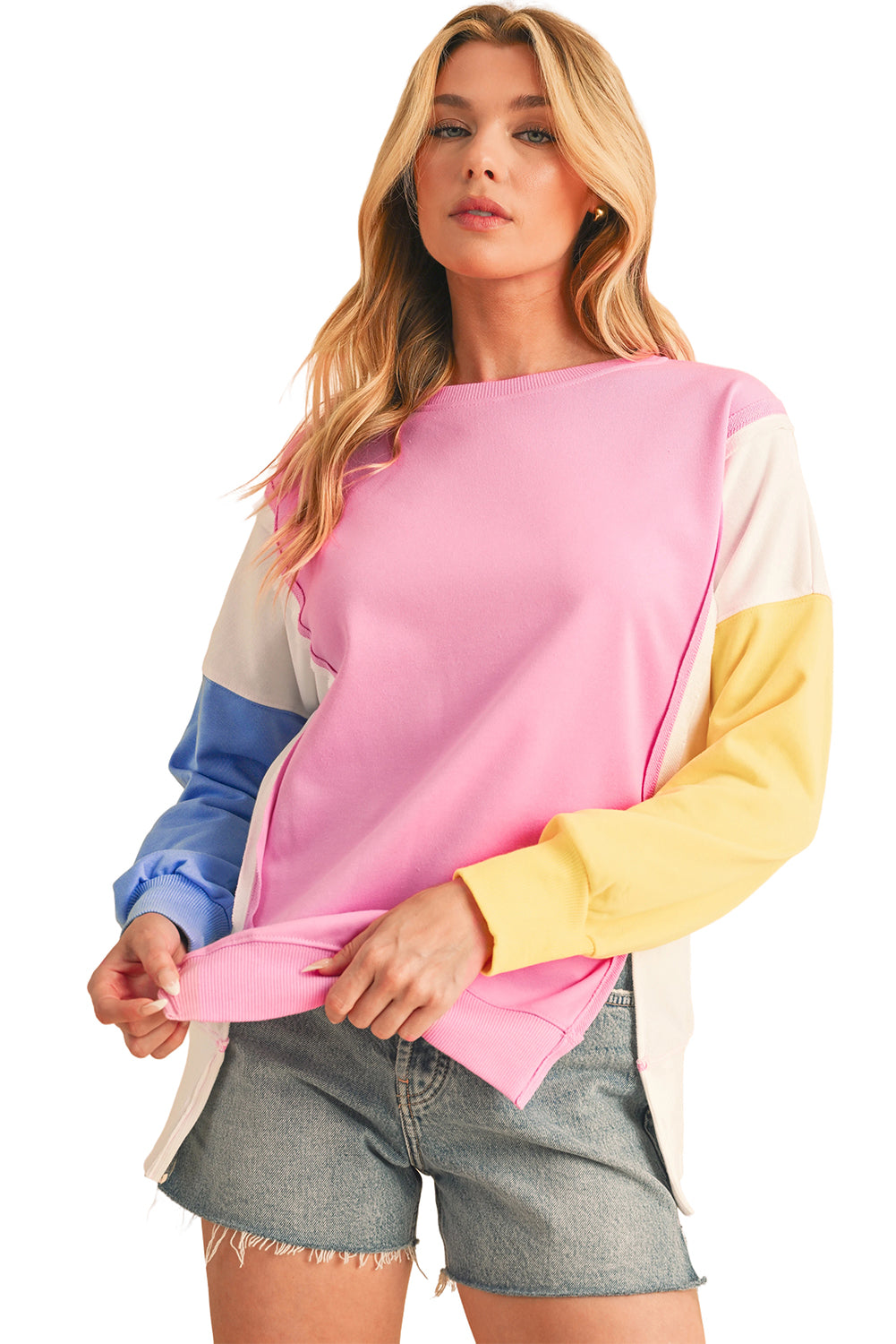 Bonbon Color Block Exposed Seam Patchwork Side Slits Sweatshirt