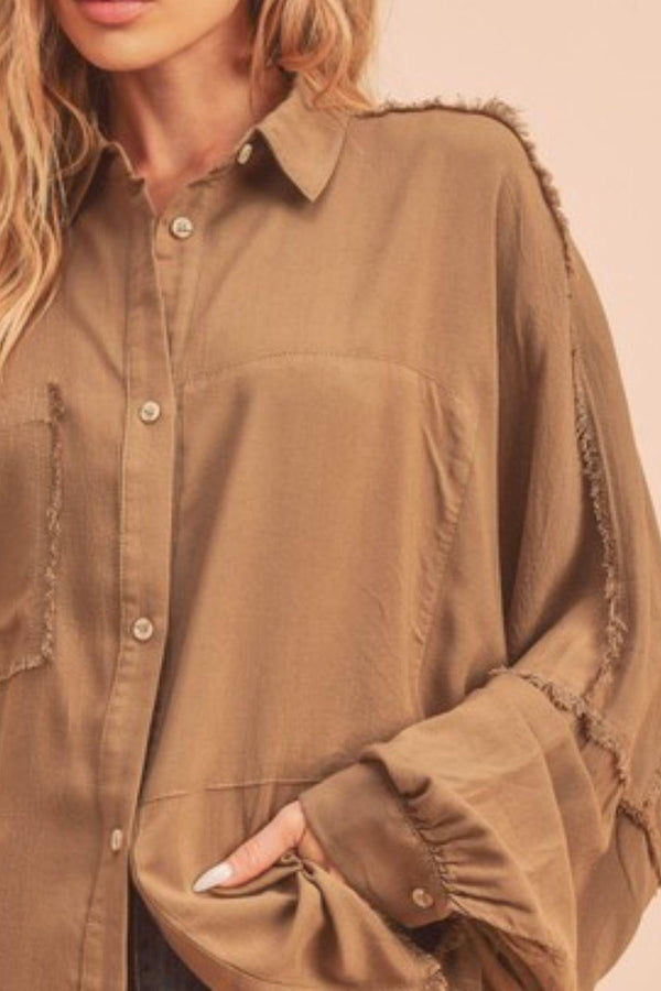 Aemi + Co Raw Edge Exposed Seam Collared Neck Long Sleeve Shirt