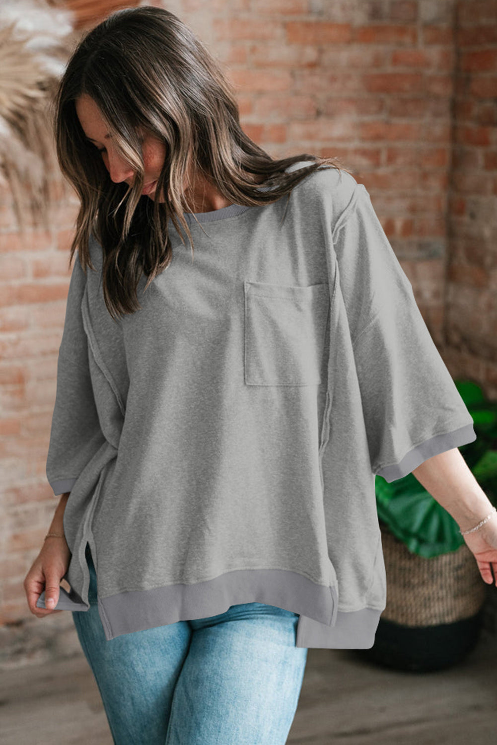 Laurel Green Exposed Seam Pocket Side Split Loose T Shirt