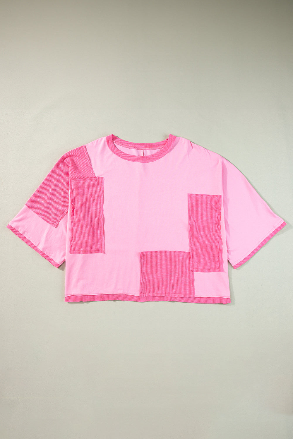 Pink Textured Patchwork 3/4 Sleeve Oversized Top