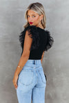 Black Dotty Layered Ruffle Sleeve Casual Ribbed Knit Top