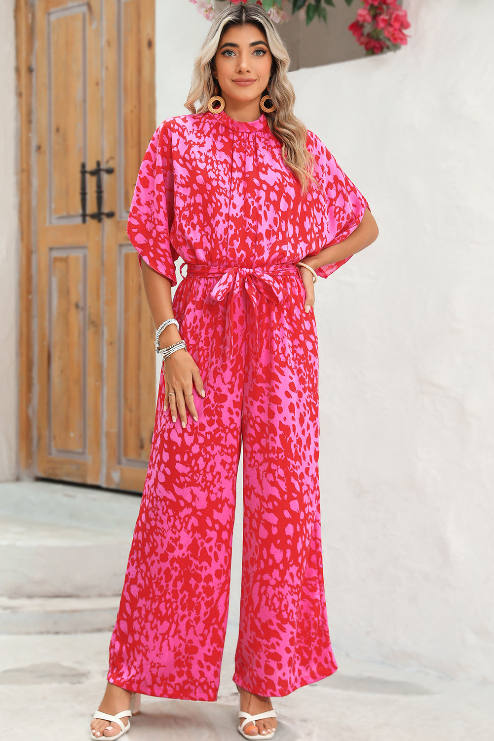 Rose Leopard Print Tulip Sleeve Belted Wide Leg Jumpsuit