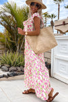 Pink Floral Print Square Neck Ruffled Strap Maxi Dress