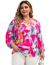 Pink Plus Size Graffiti Print Split Neck Puff Sleeve Blouse